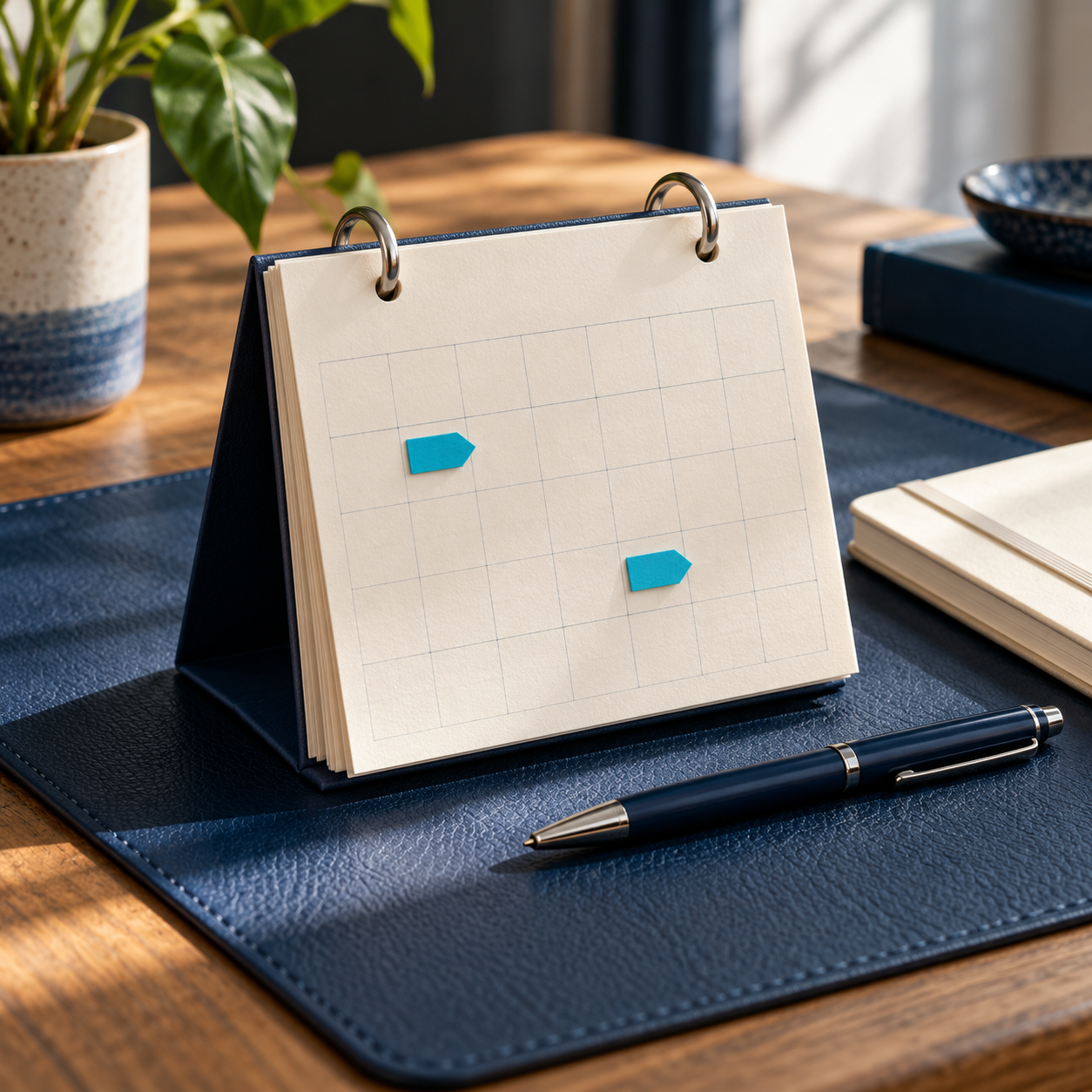 Paper desk calendar with two cyan markers